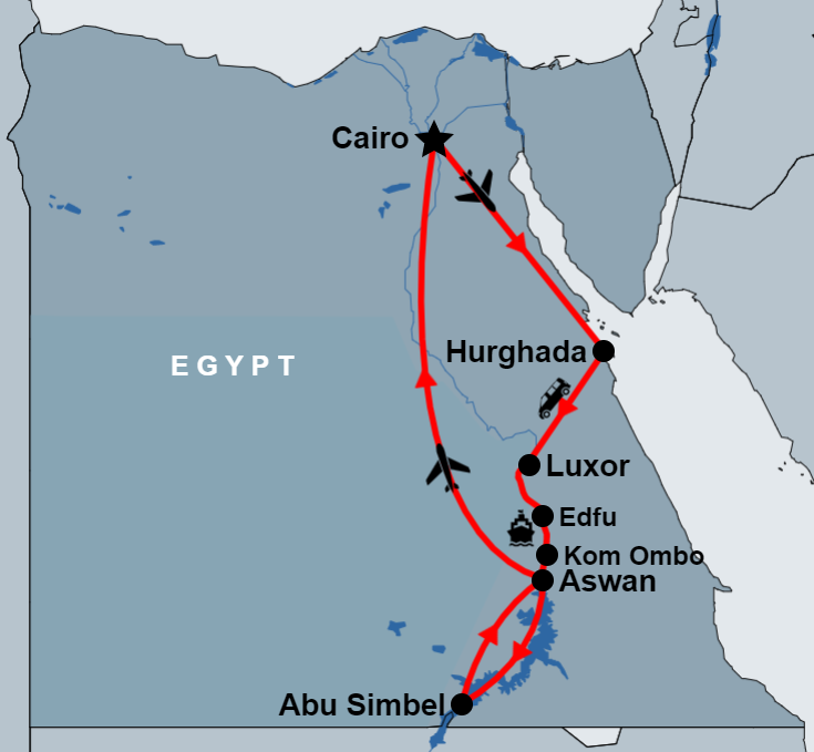 14 Day Cairo, Hurghada, Nile Cruise, Balloon and Abu Simbel map 14 Day Cairo, Hurghada, Nile Cruise, Balloon and Abu Simbel map
